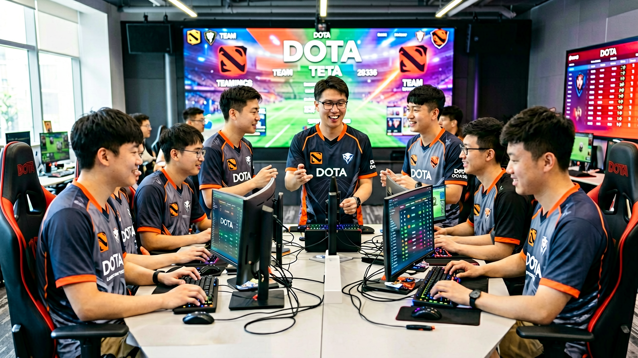 电竞战队A队比赛现场，DOTA2职业战队
